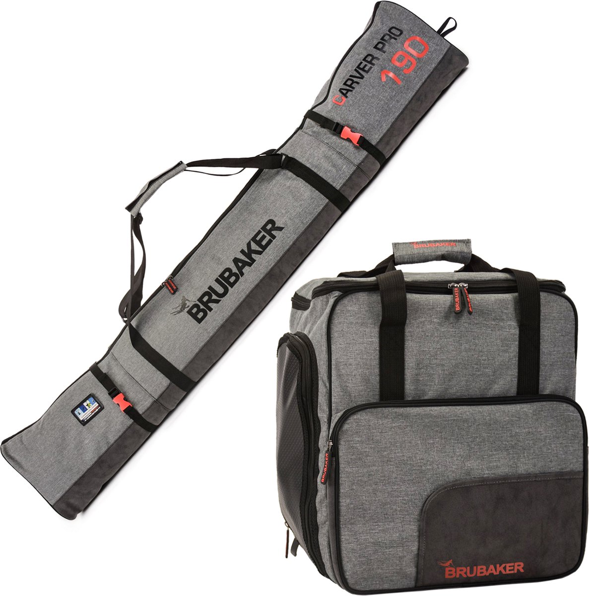 BRUBAKER Combi Set Carver Performance - Skitas en Skischoen Tas voor 1 paar ski's + stokken + schoenen + helm 190 cm zwart grijs