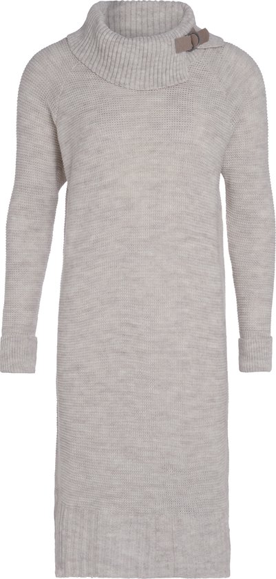 Knit Factory Jamie Gebreide Dames Jurk - Trui jurk dames - Wollen jurk - Herfst- & winterjurk - Wijde jurk - Met warme opstaande kraag - Beige - 36/38 - Knielengte