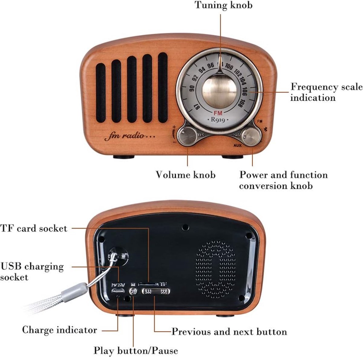 Enceinte Bluetooth Rétro - 4 Heures de Lecture Sans Fil - Look rétro - AUX  - Puissance 60 watts (HFG311BT)