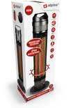 Verpakking van een zwarte alpina infrarood staande heater, 800W, IP44 waterdicht, voor binnen en buiten.