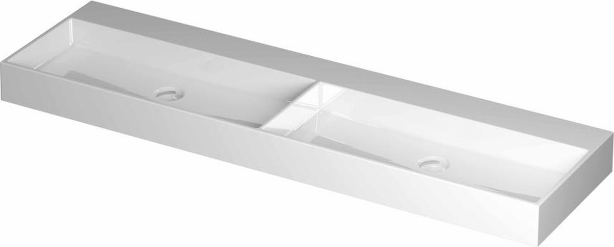 INK United porseleinen dubbele wastafel zonder kraangat met porseleinen click-plug en verborgen overloop systeem 160 x 45 x 11 cm, glanzend wit