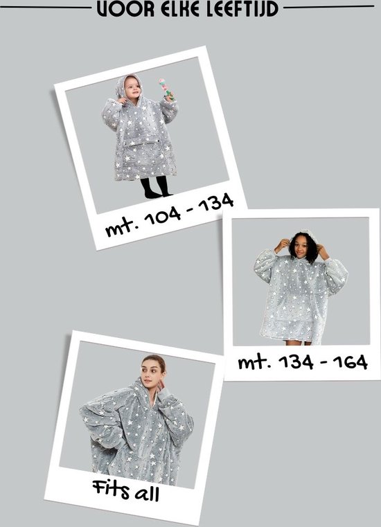 Collage toont meisjes en een vrouw in een grijze hoodie deken met witte sterren. Afmetingen vermeld: mt. 104-134, mt. 134-164, Fits all.