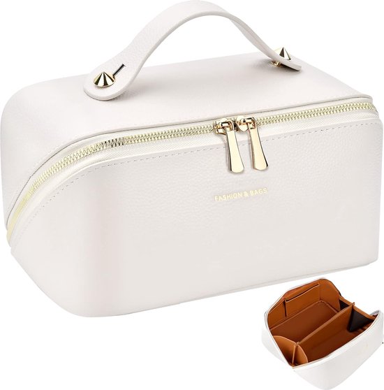 Trousse De Maquillage En Cuir PU Beige - Compartiments Multiples, Poignée, Portable (28x18x2 Cm), Pour Femme Et Fille