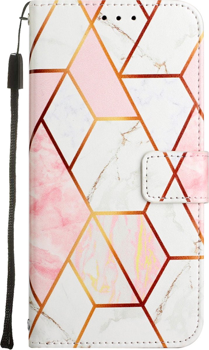 Peachy Rose Marble Wallet kunstleer hoesje geschikt voor iPhone 13 mini - wit en roze