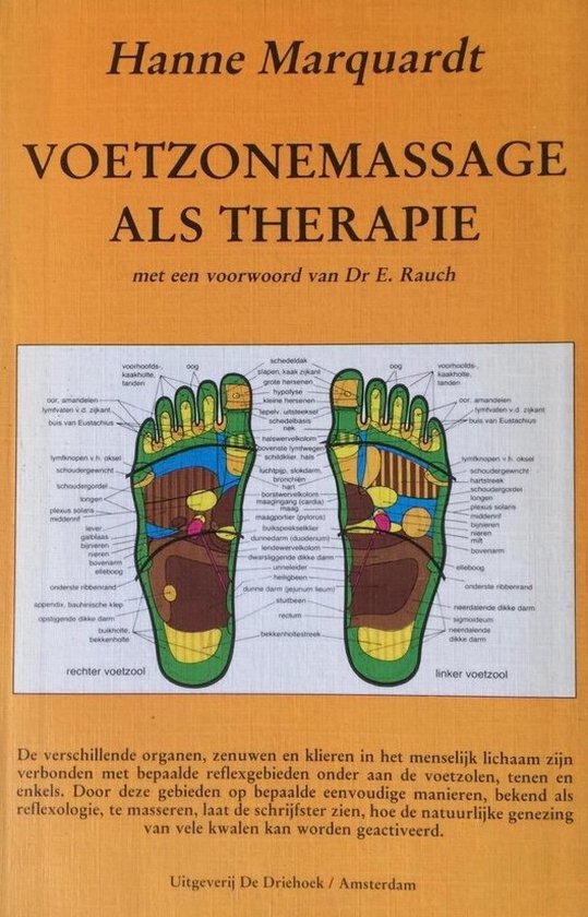 Boekomslag met de titel 'Voetzonemassage als therapie' en een anatomische tekening van de voetzolen met reflexpunten.