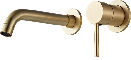 Mat gouden inbouwkraan met ronde rozetten, een gebogen uitloop en een hendel.