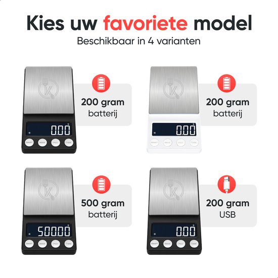 Vier modellen keukenweegschalen: zwart en wit, 200 gram of 500 gram capaciteit, op batterij of USB.