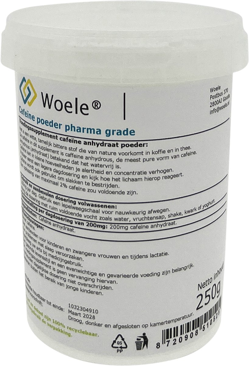 Woele Cafeïne anhydraat poeder 0,25kg (250g) pharma grade caffeine anhydrous