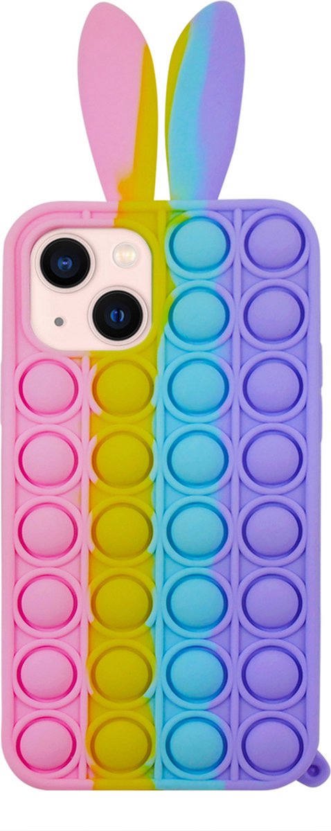 Peachy Bunny Pop Fidget Bubble siliconen hoesje geschikt voor iPhone 15 - roze, geel, blauw en paars