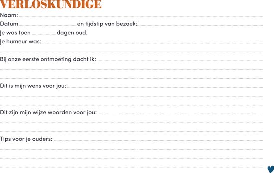 Invulformulier met de titel 'Verloskundige'. Velden voor naam, datum, leeftijd, humeur, eerste ontmoeting, wensen en tips.