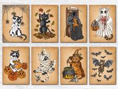 Halloween Wenskaarten Set x 8 - Creepy Cute Greeting Cards - Herfst Katten Postkaarten - Gothic Kat Cadeau Kaart - Griezelige Poezen Illustraties - Uniek Nederlands Design