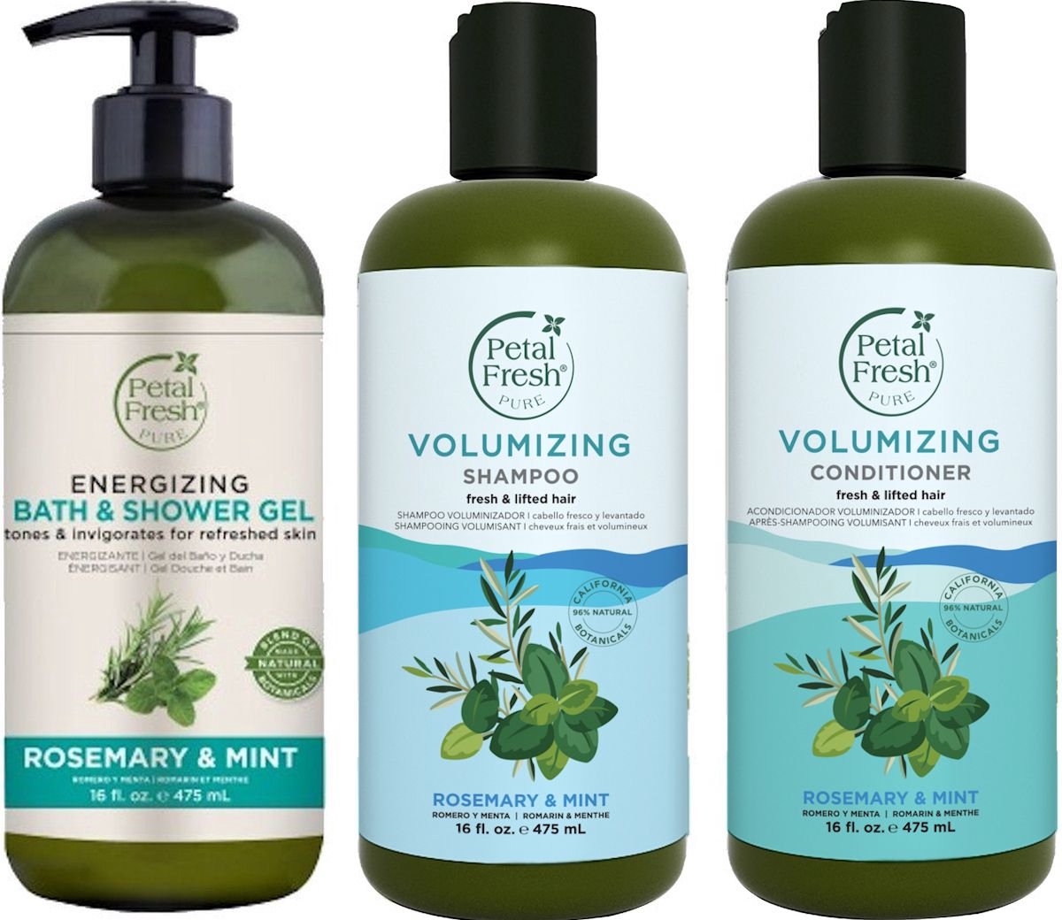 PETAL FRESH - Rosemary & Mint - Bath & Shower Gel + Shampoo + Conditioner - 3 Pak