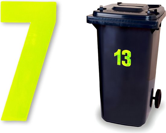 Grote limegroene cijfer 7 naast een zwarte kliko met nummer 13.