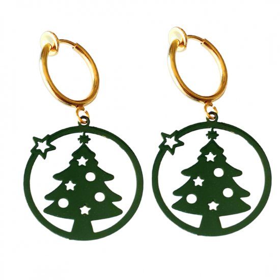 Klem oorbellen -Donker groen -kerstboom -goudkleurig- geen gaatje- Charme Bijoux