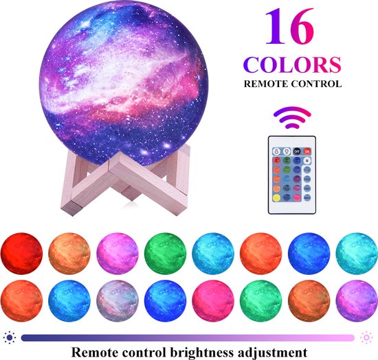 Maan Lamp-Tafellamp-16 Kleuren-Nachtlamp-3D geprint-Led kleuren met afstandsbediening