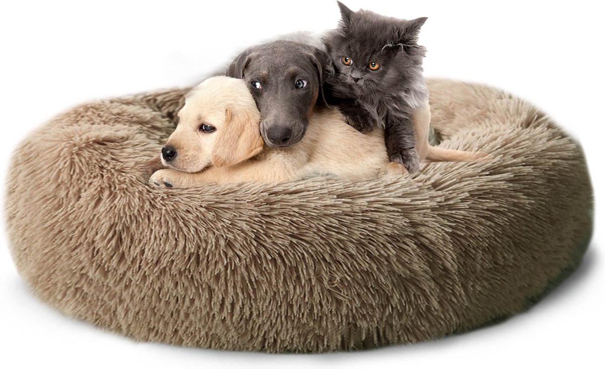 CALIYO Hondenmand Donut - Kattenmand 100 cm- Fluffy Hondenkussen - Geschikt voor honden/katten tot 80 cm - Kaki