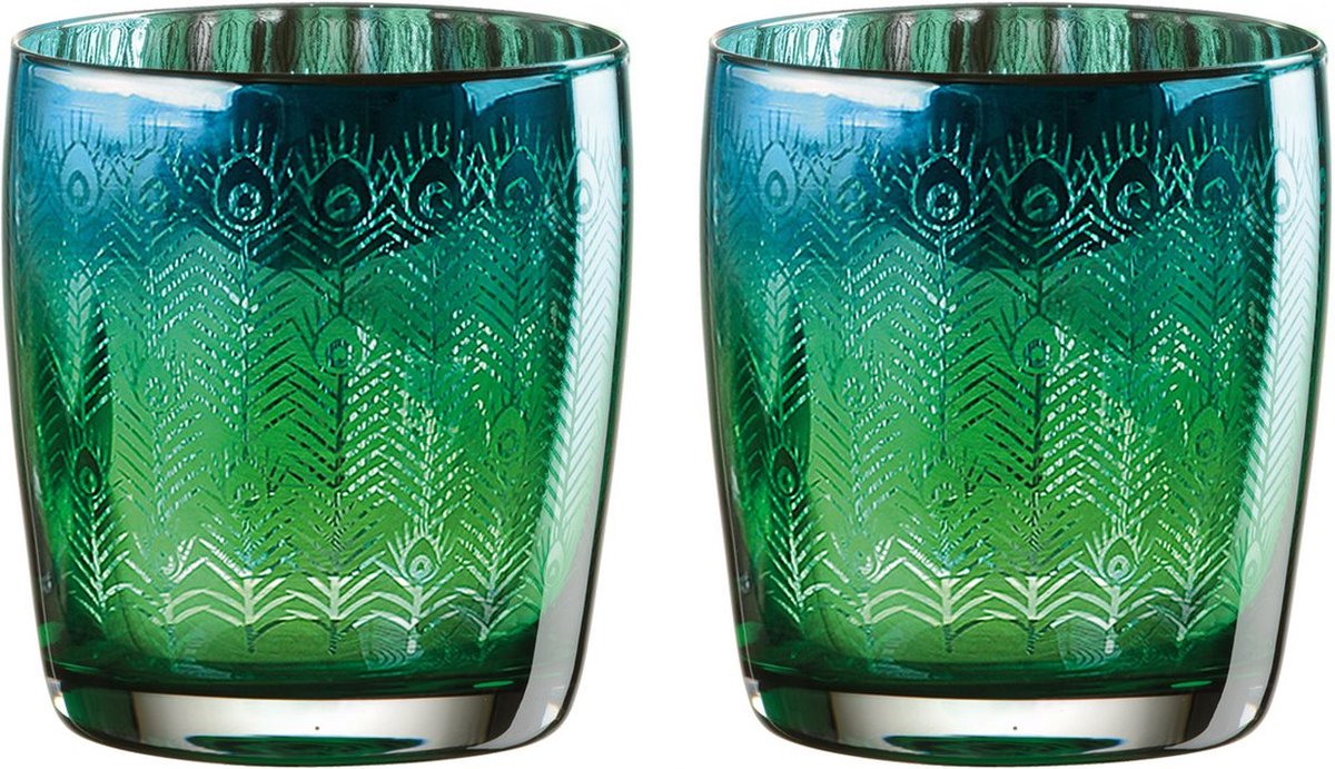 Artland set van 2 tumbler glazen uit de Peacock pauw collectie 45 cm 8,5 cm