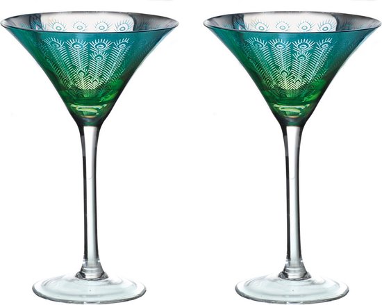 Artland set van 2 margarita glazen uit de serie Peacock pauw blauw groen 25 cm 12,5 cm