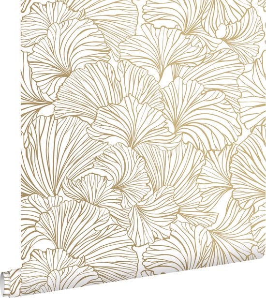 ESTAhome papier peint feuilles de ginkgo blanc et or - 139614 - 0,53 x 10,05 m