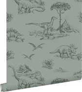ESTAhome papier peint dinosaures vert grisâtre - 139358 - 0,53 x 10,05 m