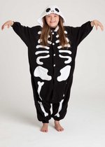 KIMU Onesie Skelet Pak - Maat 146-152 - Skeletpak Kostuum Zwart Wit Botten - Halloween Huispak Jumpsuit Pyjama Jongen Meisje Overall Fleece Festival