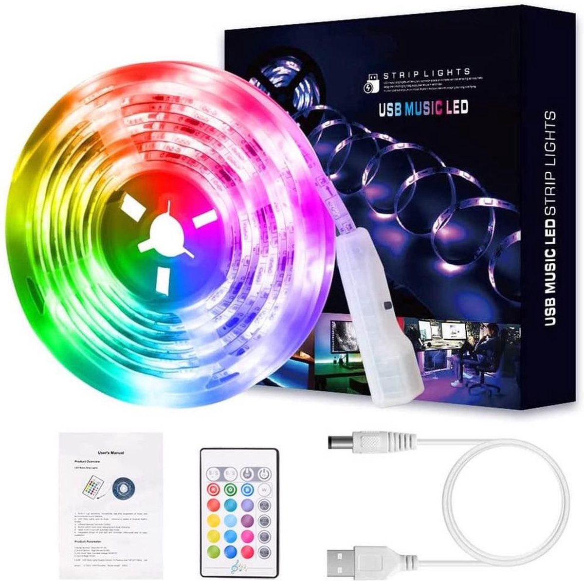 USB Mini Muziek- en Stemgestuurde LED Stripverlichtingset - Flexibele 5050RGB LED-strips van 5 meter voor Kleurveranderende Sfeerverlichting met 24-toets IR-afstandsbediening voor Thuis, Kamperen en Slaapkamerdecoratie