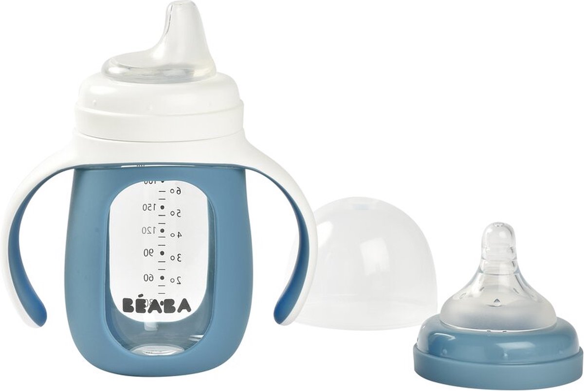 Goedkoopste Béaba Trainingsfles 2-in-1 - Glazen waterfles met siliconen hoes - Blauw - 210ml