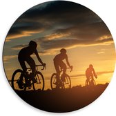 Dibond Muurcirkel - Mensen - Mountainbiken - Zonsondergang - Fietsen - Hobby - 50x50 cm Foto op Aluminium Muurcirkel (met ophangsysteem)