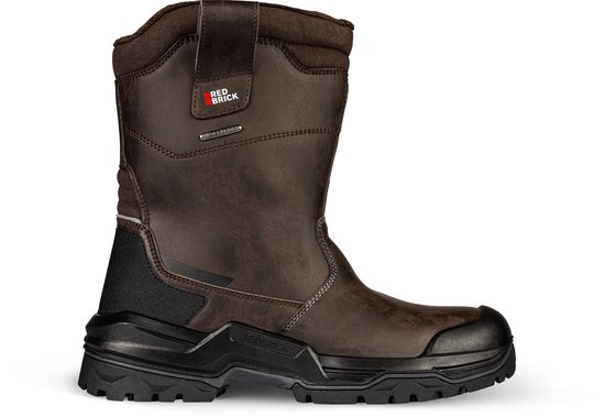 Bruine leren Redbrick werklaars met zwarte zool en grijze details, gepresenteerd op zwarte achtergrond.