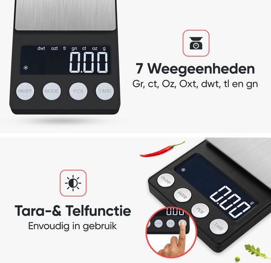 Balance numérique noire avec surface de pesée argentée. Affiche '0.00'. Avec 7 unités de pesée : Gr, Ct, Oz, Oxt, Dwt, Tl, Gn.