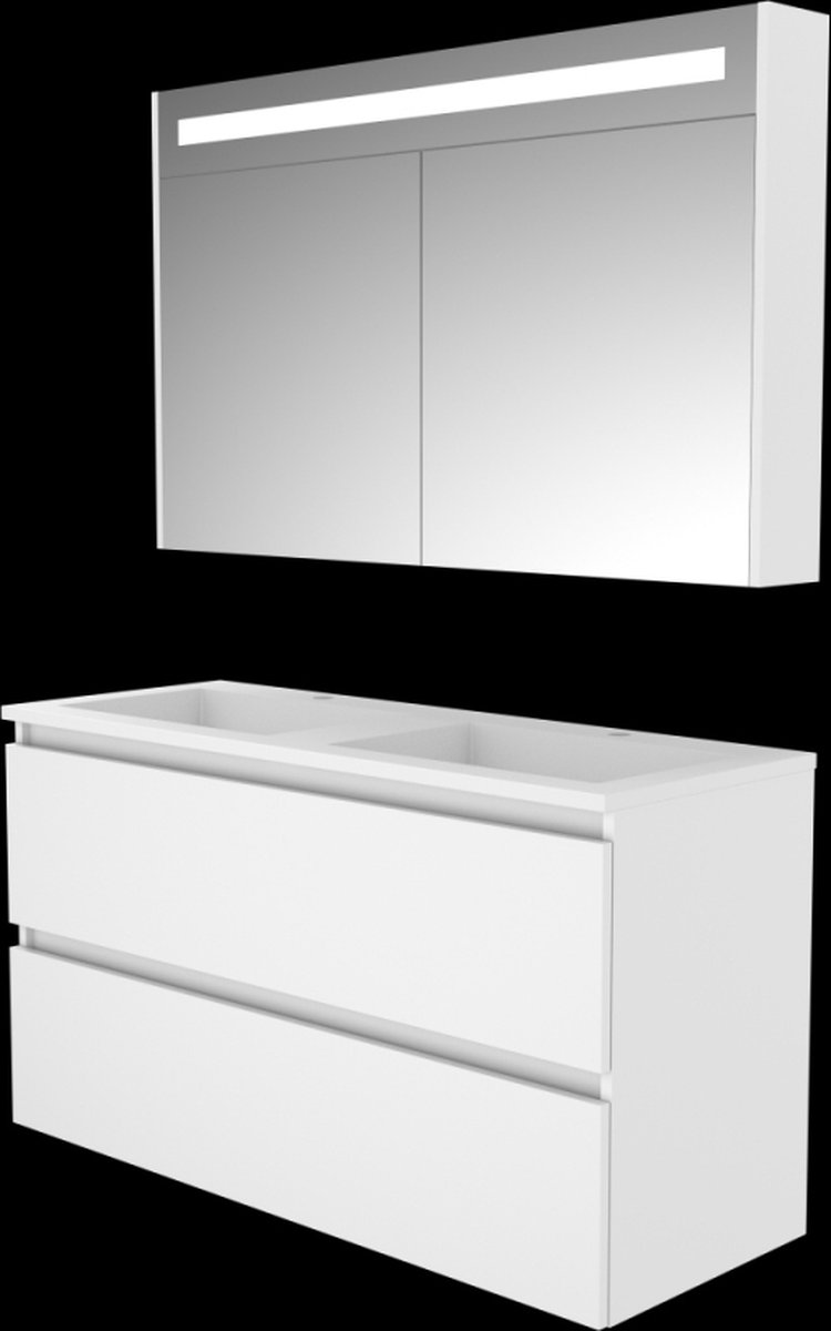 Basic Premium 46 badmeubelset met spiegelkast met geïntegreerde LED verlichting, greeploze onderkast met 2 lades en acryl wastafel met 2 kraangaten
