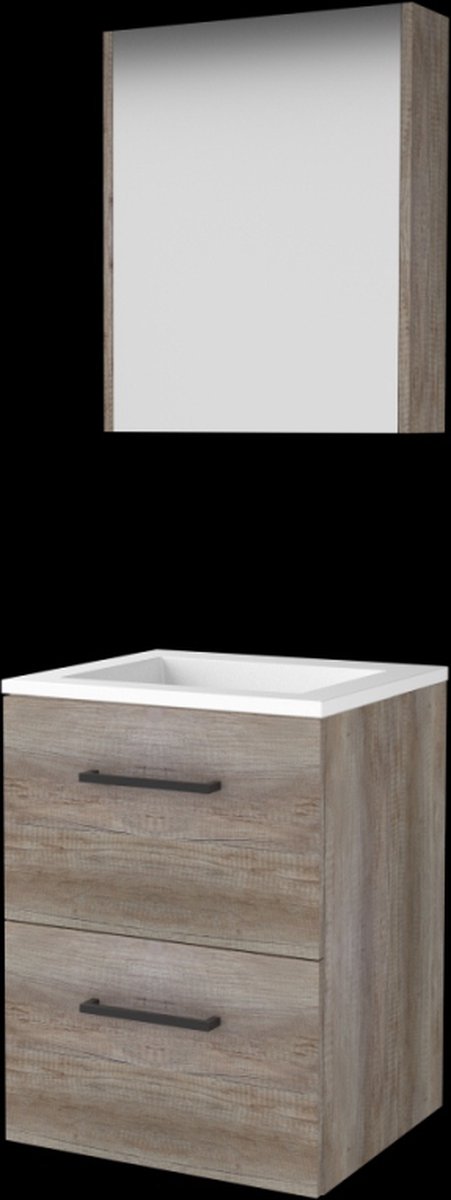 Basic Comfort 46 badmeubelset met spiegelkast, wastafelonderkast met grepen, 2 lades en acryl wastafel zonder kraangaten 50 x 46 cm, scotch oak