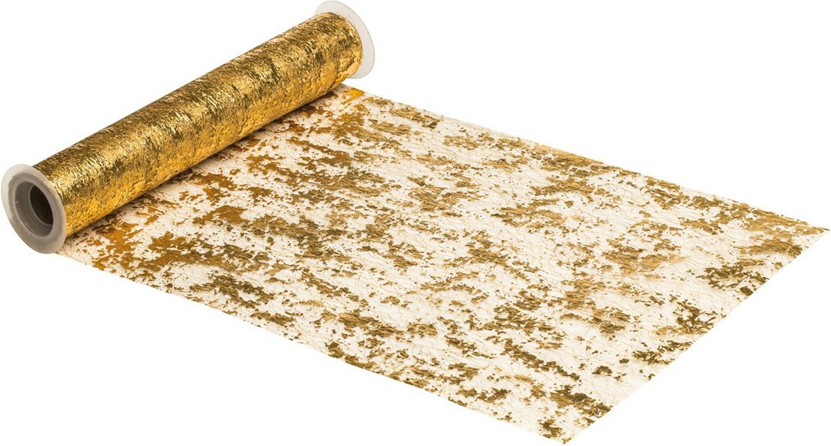 Chaks Kerst thema tafelloper op rol - 2x - goud - 29 x 500 cm - polyester