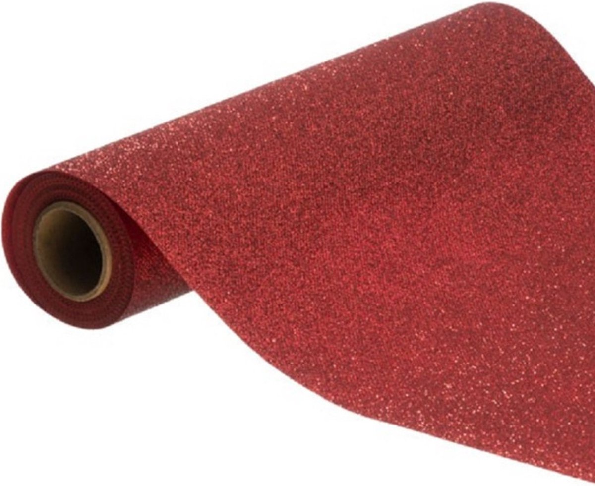 Chaks Kerst thema tafelloper op rol - rode glitter - 30 x 500 cm - polyester