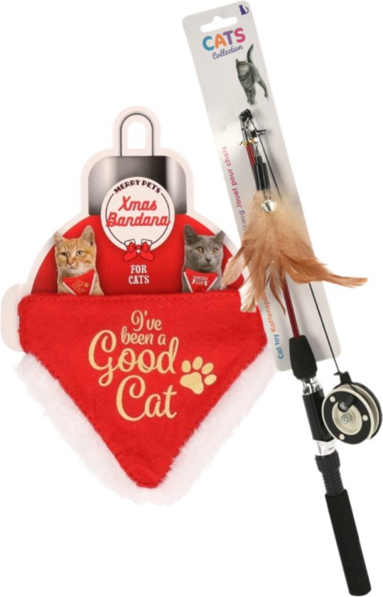 Kerstcadeau Kat: Ontdek Unieke Geschenkideeën en Tips! 5 Bandana halsband rood - met speelgoed hengel - voor katten/poezen - kerstcadeau