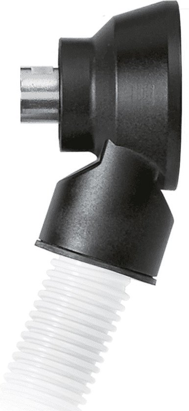 Zwarte stofafzuigadapter met flexibele witte slang, aangesloten op een metalen boor.