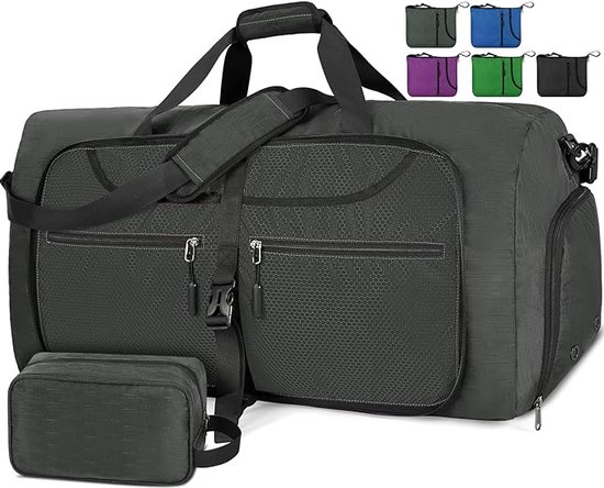 Opvouwbare reistas, 85 liter, grote reisbagagetas met schoenenvak en schouderriem, lichtgewicht sporttas, waterdichte weekendtas, overnachtingstas, tas voor reizen, camping, gym, Zwart