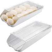 Eieropbergdoos, automatisch scrollen, plastic eierdispenserhouder met transparant deksel, stapelbaar eierrek voor koelkast (wit)