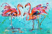 De vrolijke flamingo's | Vrolijk Schilderij | 90x60cm | Dikte 2 cm | Canvas schilderijen woonkamer | Wanddecoratie | Schilderij op canvas | Kunst | Corrie Leushuis