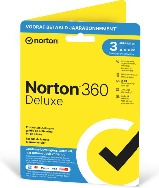 Norton 360 Deluxe - Beveiligingssoftware - 3 Apparaten - 1 Jaar - Windows/MAC/Android/iOS Download - Norton