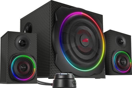 Zwart 2.1 luidsprekersysteem met carbon textuur, RGB verlichting en bedieningsknop.