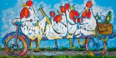 4 Kippen op de fiets | Vrolijk Schilderij | 120x60cm | Dikte 2 cm | Canvas schilderijen woonkamer | Wanddecoratie | Schilderij op canvas | Kunst | Corrie Leushuis