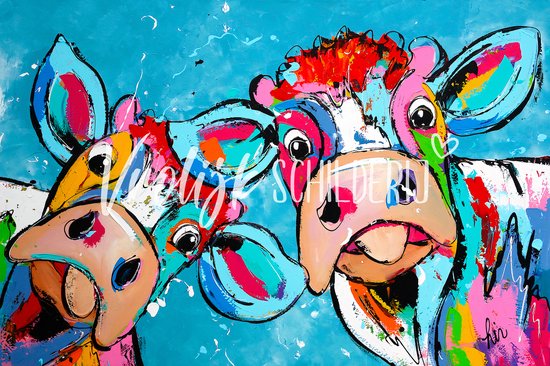 De 2 vrolijke koeien | Vrolijk Schilderij | 120x80cm | Dikte 2 cm | Canvas schilderijen woonkamer | Wanddecoratie | Schilderij op canvas | Kunst | Corrie Leushuis