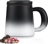 Tasse à thé avec passoire à thé et couvercle, 420 ml (pleine capacité), tasse en céramique, grandes tasses à thé avec passoire à thé en acier inoxydable, pour thé en vrac, noir et blanc, avec anse