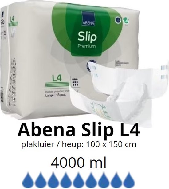 Pak met 18 Abena Slip Premium L4 luiers met een taille van 100-150 cm, capaciteit 4000 ml.