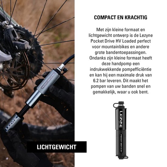 Lezyne Pocket Drive HV Loaded - Handpomp - Fietspomp - Tot 6.2 bar - ABS Flex Hose - Presta en Schrader ventielen - Aluminium - Zwart — afbeelding 5