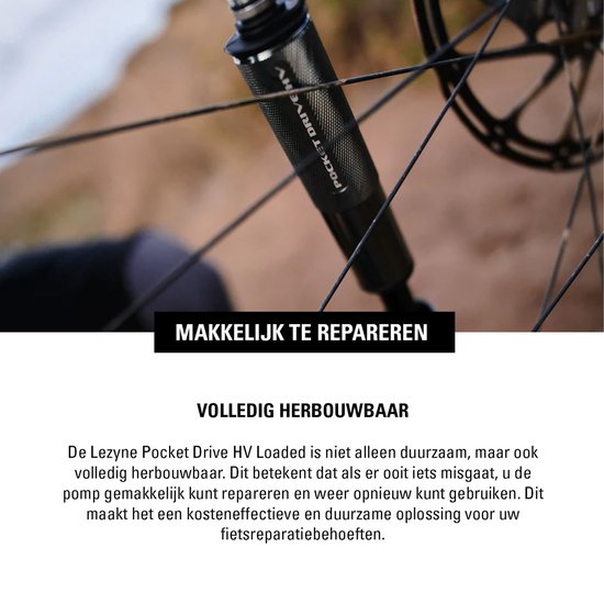 Lezyne Pocket Drive HV Loaded - Handpomp - Fietspomp - Tot 6.2 bar - ABS Flex Hose - Presta en Schrader ventielen - Aluminium - Zwart — afbeelding 4