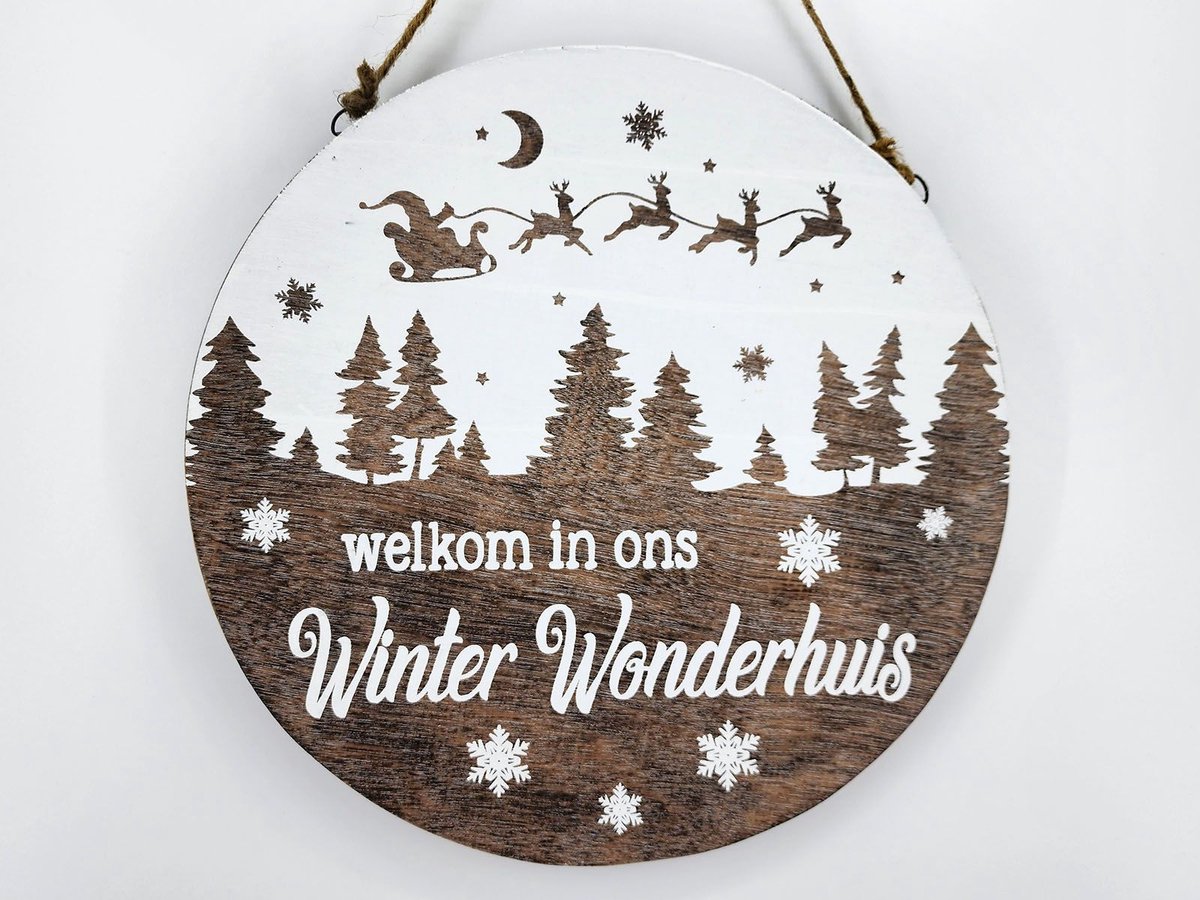 Woodart bord rond 40x40xcm welkom winter wonder natural