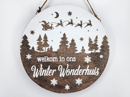 Woodart bord rond 40x40xcm welkom winter wonder natural
