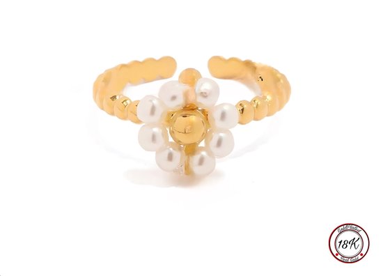 Soraro Parel Flower Ring | 18K Goldplated | Goudkleurig | Parel | Dames Ring | Bloem | Klemring | Vrouwen Cadeau | Moederdag | Moederdag cadeau